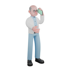 Scientist Character 3D A male scientist stands while holding a cellphone in his hand. Illustrated Male Physicist