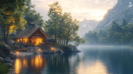Fototapeta premium Serene lakeside cabin at sunset surrounded by mountains and trees.