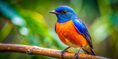Naklejka premium Vibrant Orange and Blue Bird Perched on a Branch Against a Soft Focus Natural Background