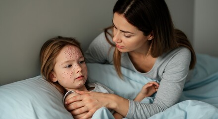 Mother comforting her sick daughter in bed.
