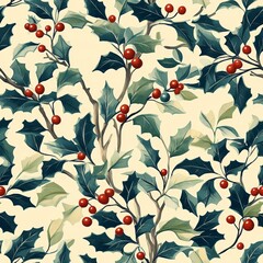 Christmas Holly Berries and Leaves Seamless Pattern