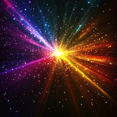 Obraz premium Colorful light rays burst with shimmering particles in space.