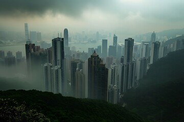 Fototapeta premium Hong Kong city in the mist, Hong Kong Island, China.