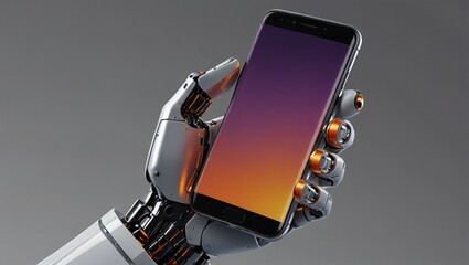 A highly detailed and hyper realistic image of a robotic hand holding a modern smartphone. The robotic hand has a sleek white and silver metallic surface with smooth joints and black accents.