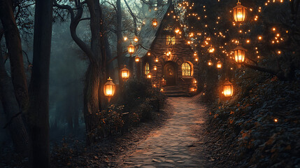 An enchanting forest path leading to a haunted house, lined with softly glowing lanterns that illuminate the way with a warm hue 