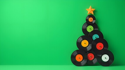 Christmas tree made of vinyl records arranged on a green background with a yellow star on top, featuring bright colored labels, minimalistic style, and empty space on the left