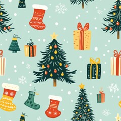 Festive Christmas Seamless Pattern with Trees  Gifts  and Stocking