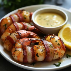 Grilled Bacon Wrapped Shrimp with Lemon and Sauce Appetizer