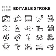 Travel and tourism. Thin line vector. Contains icons such as suitcase, bus, train.