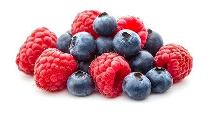24. A cluster of fresh raspberries and blueberries together