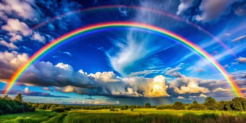 Obraz premium Vibrant Rainbow Arching Across a Clear Blue Sky After Rain, Nature's Colorful Display of Beauty