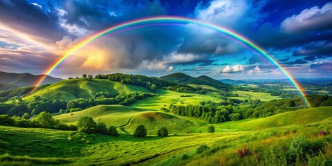 Obraz premium Vibrant Rainbow Arcing Over Lush Green Hills Under a Clear Blue Sky in a Serene Landscape Scene