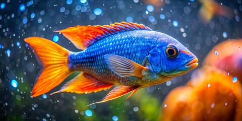 Fototapeta premium A vibrant blue and orange fish with a fin that resembles a fan swims through a sparkling underwater environment.