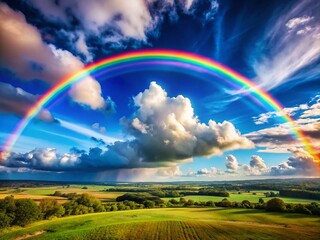 Obraz premium Vibrant Rainbow Painting Against a Bright Blue Sky with Soft Clouds and a Serene Landscape Below