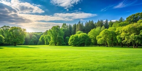 Obraz premium Lush Green Field Framed by a Canopy of Trees Under a Blue Sky with White Clouds