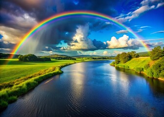Vibrant Rainbows Arcing Across Clear Blue Skies Over Lush Green Landscapes and Serene Waterscapes