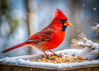 Vibrant Red Cardinal Feeding on Seeds at a Bird Feeder Surrounded by Snowy Winter Landscape