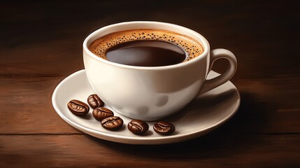 Fototapeta premium Fresh brewed coffee in a white cup with coffee beans