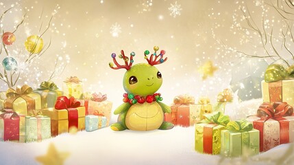 Fototapeta premium Festive Christmas scene featuring a cute turtle at the center, wearing reindeer antlers adorned with colorful Christmas ornaments. Surrounded by beautifully wrapped holiday gifts tied with vibrant 
