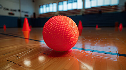 Textured red dodgeball bouncing on polished floor, reflections and court lines in the background.