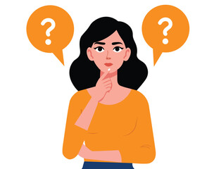 woman confident, make choice, decision thinking, analyzing two options with white background