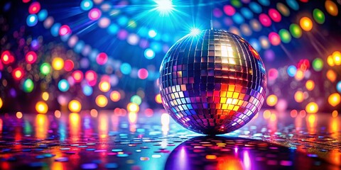Vibrant Retro Disco Scene with Colorful Lights and Shimmering Ball Reflecting the Joy of Dance