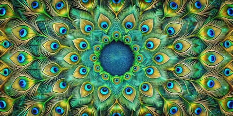 Obraz premium A circular pattern of iridescent feathers with ocelli in vibrant green, blue, and gold hues, creating a mesmerizing optical illusion of depth and intricate detail.