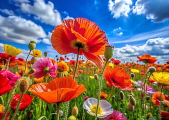 Obraz premium Vibrant Shirley Poppy Blooms in a Field Under Bright Blue Sky Capturing Nature's Beauty and Serenity