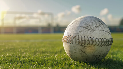 White hurling ball with signs of play, soft shadows on grass, blurred crowd and goalposts behind.