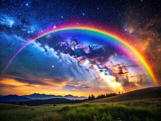 Obraz premium Vibrant Space Rainbow Over Cosmic Landscape with Stars and Nebulae in a Colorful Galactic Background