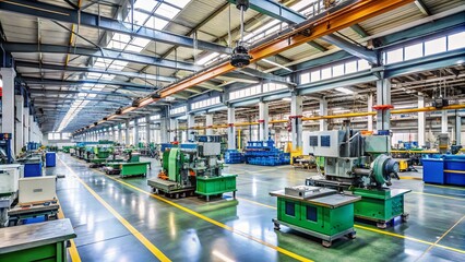 Fototapeta premium A vast industrial space, filled with machinery and equipment, is bathed in sunlight streaming through high windows, creating a stark contrast between the bright illumination and the shadowed corners.