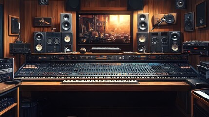 Fototapeta premium A professional music studio featuring a mixing console and speakers.