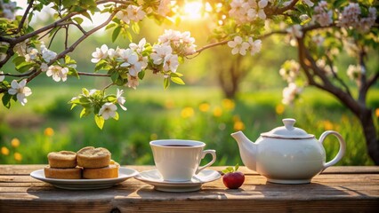 Fototapeta premium Teapot and a cup of tea with biscuits on wooden table outdoors under blooming apple trees, teapot