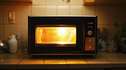 Black Microwave With Illuminated Interior In Kitchen