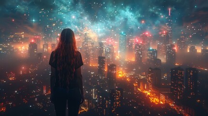 Obraz premium Silhouette of a woman with long hair against a futuristic city skyline at night, with colorful lights and a glowing nebula above. AI generative.