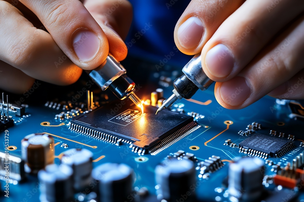 Aufkleber Realistic depiction of an engineer meticulously disassembling a circuit board, carefully analyzing the internal components, symbolizing the process of reverse engineering