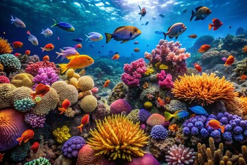 Naklejka premium Vibrant Underwater Scene Featuring Colorful Marine Life and Coral Reefs in the Ocean Depths