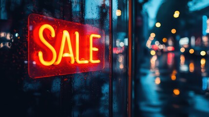 Neon Sign SALE. Bright neon sign reading 'SALE' in a storefront window, with reflections of a busy street at night.