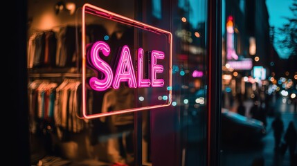 Neon SALE Sign. Bright neon sign reading 'SALE' in a storefront window, with reflections of a busy street at night.