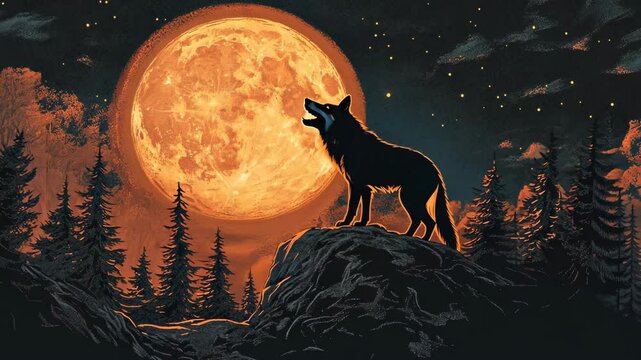 A lone wolf howls at the full moon in a forest, surrounded by tall trees and a starry night sky