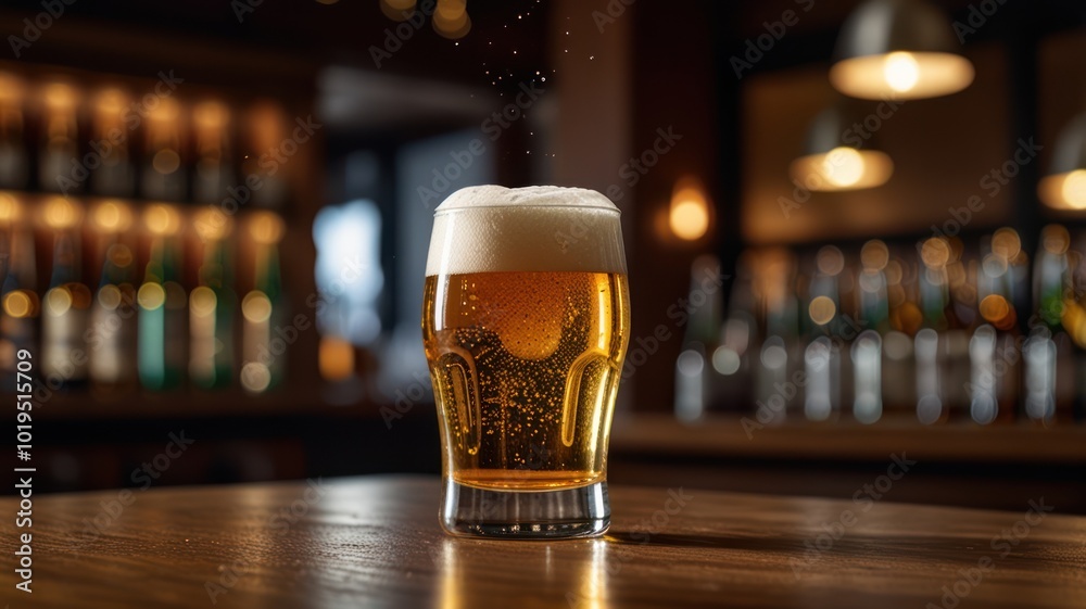 Canvas Prints a glass of cold beer with a head of foam sits on a wooden bar counter in a dimly lit pub.