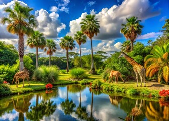 Obraz premium Vibrant West Palm Beach Safari Landscape with Lush Vegetation and Exotic Wildlife in Natural Habitat