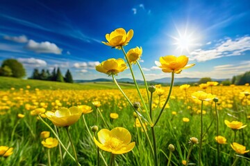 Obraz premium Vibrant Yellow Buttercup Flowers Blooming in a Sunny Green Meadow Under Clear Blue Sky