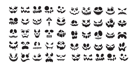 Set of Scary Halloween Faces: Spooky Jack-o-Lantern Expressions, Skull, and Monster Eyes. Ideal for festive decorations, crafts, and design projects