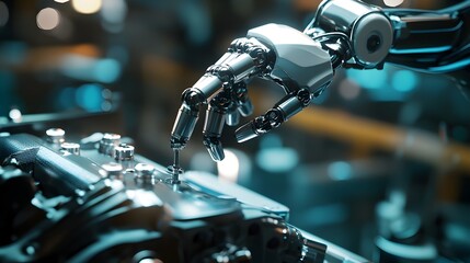 Fototapeta premium Futuristic Robotic Hand Manipulating Digital Interface on Metallic Machine