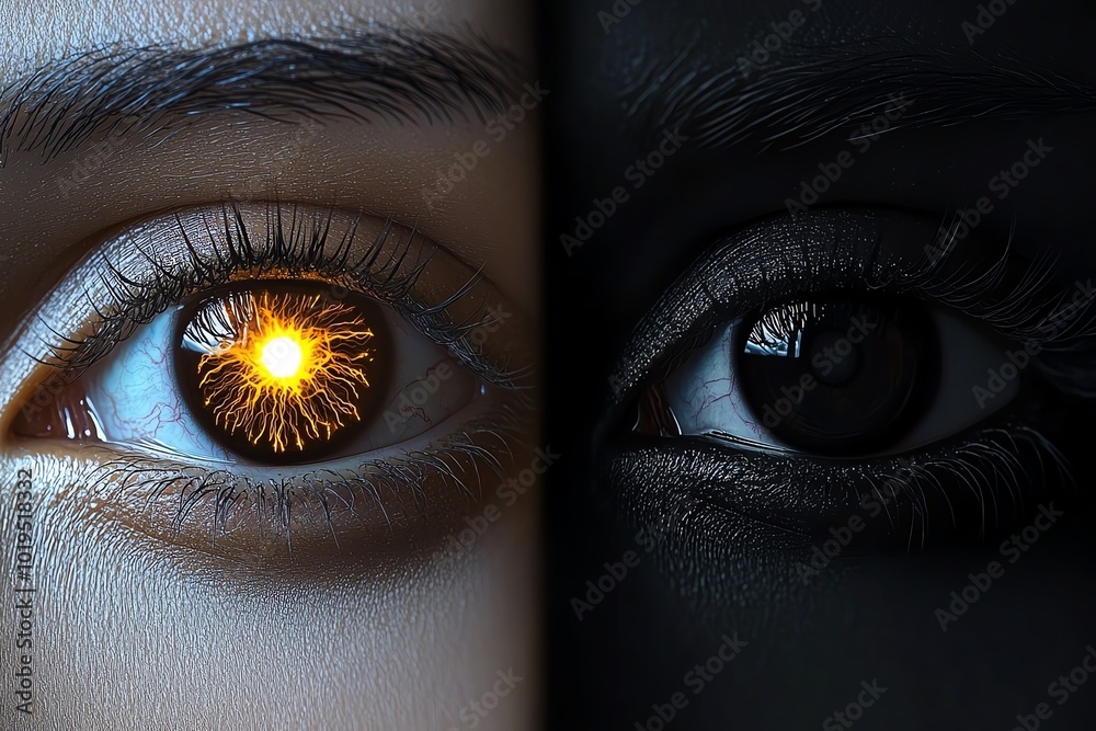 Poster realistic depiction of two eyes, one glowing with light and the other dark and shadowed, symbolizing