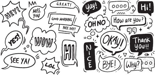 Set of hand-drawn speech bubbles with various phrases in black and white, featuring words like 