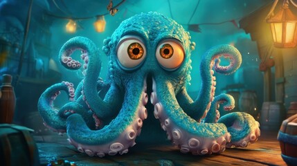 Obraz premium A cartoon octopus with large, curious eyes sits on a wooden table with a dark background.