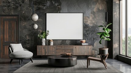 Aesthetic composition of living room interior with mock up poster frame, round black coffee table, wooden sideboard, dark wall with stucco,
