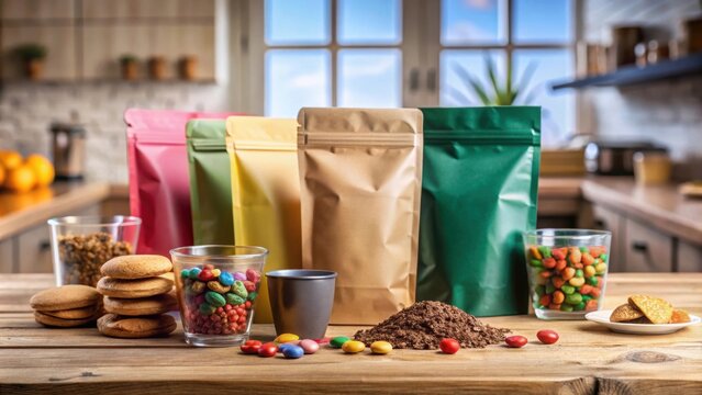 Colorful doypack packaging with candy, cookies, coffee, tea, or spices on a kitchen table with a blurred background